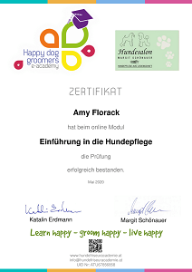 Zertifikat der Happy Dog Groomers e-academy für Amy Florack über das Modul Einführung in die Hundepflege