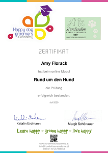 Zertifikat der Happy Dog Groomers e-academy für Amy Florack über das Modul Rund um den Hund