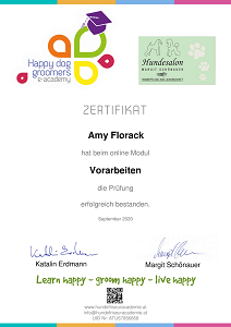 Zertifikat der Happy Dog Groomers e-academy für Amy Florack über das Modul Vorarbeiten