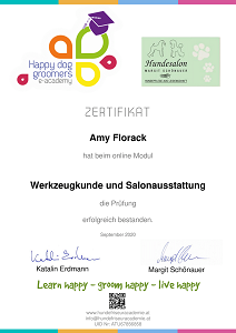 Zertifikat der Happy Dog Groomers e-academy für Amy Florack über das Modul Werkzeugkunde und Salonausstattung