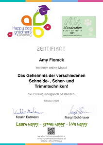 Zertifikat der Happy Dog Groomers e-academy für Amy Florack über das Modul zu den verschiedenen Schneide-, Scher- und Trimmtechniken