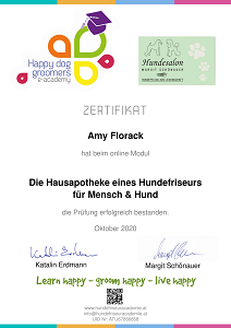 Zertifikat der Happy Dog Groomers e-academy für Amy Florack über das Modul Die Hausapotheke eines Hundefriseurs für Mensch und Hund