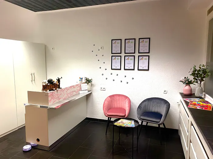 Empfangsbereich des Hundesalons Fellness mit Sitzgelegenheiten und der Zertifikatswand