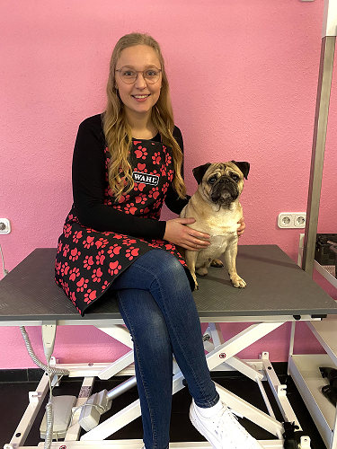 Amy Florack, Inhaberin des Hundesalons Fellness, mit einem Mops auf dem Schertisch